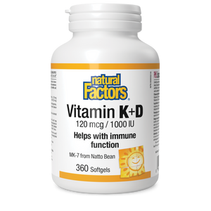 Natural Factors Vitamin K+D  120 mcg / 1000 IU  360 Softgels